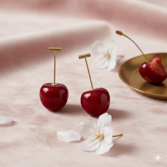 Trendy Durable Fun Resin Cherry Fashion Stud Earrings – Cute & Stylish 🍒 - Picture 5 of 10
